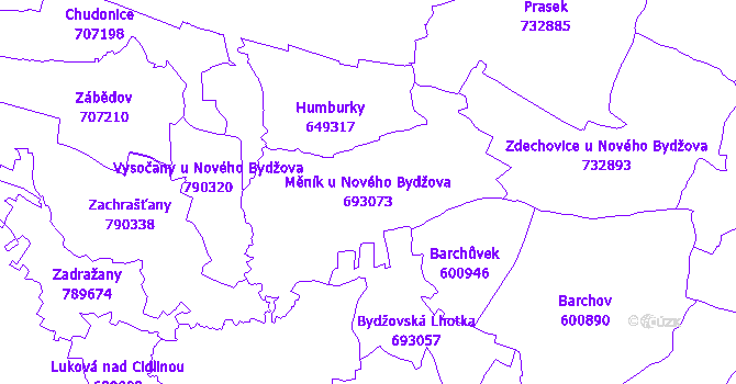 Katastrální mapa Měník u Nového Bydžova - přehledová mapa katastrálního území