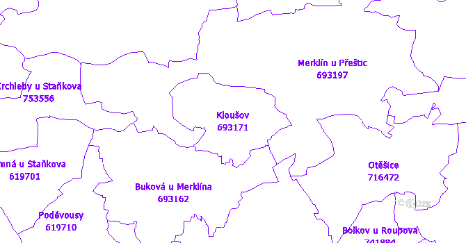 Katastrální mapa Kloušov - přehledová mapa katastrálního území