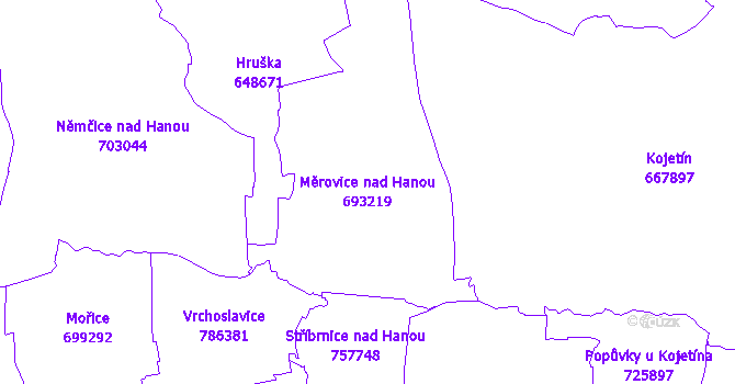 Katastrální mapa Měrovice nad Hanou - přehledová mapa katastrálního území