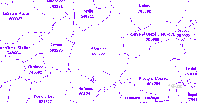 Katastrální mapa Měrunice - přehledová mapa katastrálního území