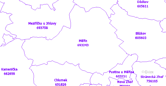 Katastrální mapa Měřín - přehledová mapa katastrálního území