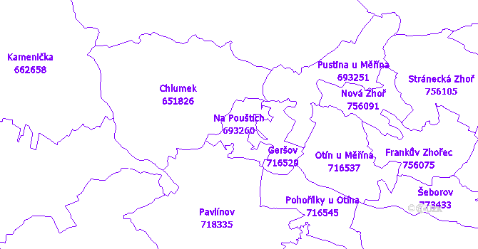 Katastrální mapa Na Pouštích - přehledová mapa katastrálního území