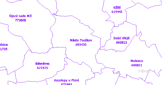 Katastrální mapa Město Touškov - přehledová mapa katastrálního území