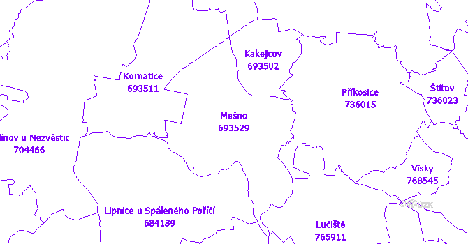 Katastrální mapa Mešno - přehledová mapa katastrálního území