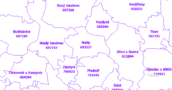 Katastrální mapa Metly - přehledová mapa katastrálního území