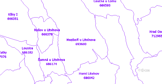 Katastrální mapa Meziboří u Litvínova - přehledová mapa katastrálního území