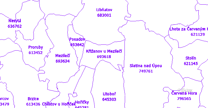 Katastrální mapa Křižanov u Mezilečí - přehledová mapa katastrálního území