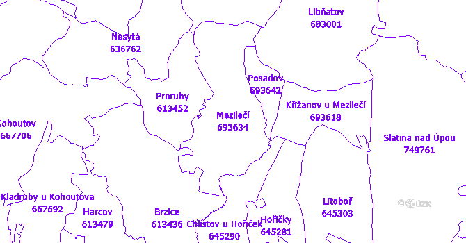 Katastrální mapa Mezilečí - přehledová mapa katastrálního území