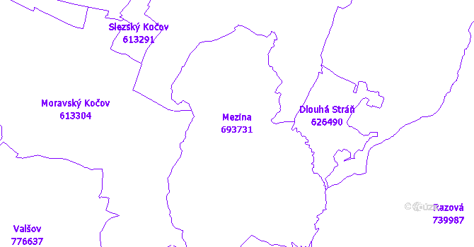 Katastrální mapa Mezina - přehledová mapa katastrálního území