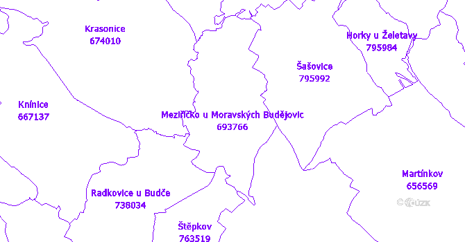 Katastrální mapa Meziříčko u Moravských Budějovic - přehledová mapa katastrálního území