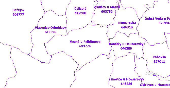 Katastrální mapa Mezná u Pelhřimova - přehledová mapa katastrálního území