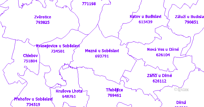 Katastrální mapa Mezná u Soběslavi - přehledová mapa katastrálního území