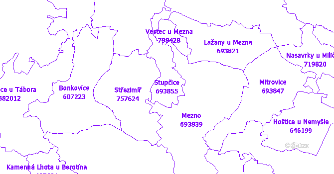 Katastrální mapa Stupčice - přehledová mapa katastrálního území