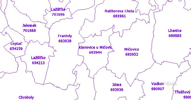 Katastrální mapa Klenovice u Mičovic - přehledová mapa katastrálního území