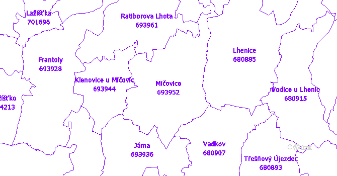 Katastrální mapa Mičovice - přehledová mapa katastrálního území