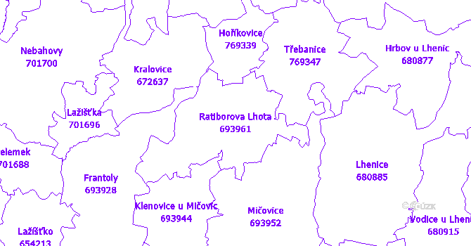 Katastrální mapa Ratiborova Lhota - přehledová mapa katastrálního území