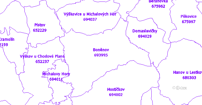 Katastrální mapa Boněnov - přehledová mapa katastrálního území