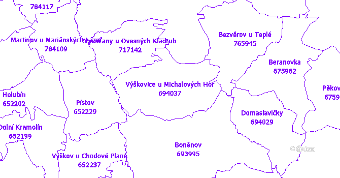 Katastrální mapa Výškovice u Michalových Hor - přehledová mapa katastrálního území