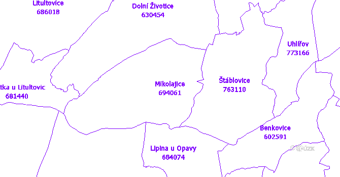 Katastrální mapa Mikolajice - přehledová mapa katastrálního území