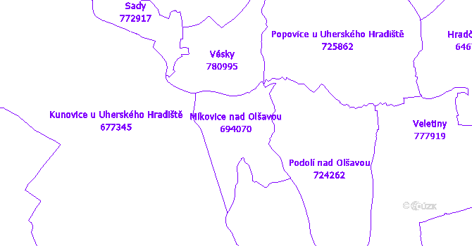 Katastrální mapa Míkovice nad Olšavou - přehledová mapa katastrálního území