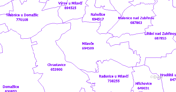 Katastrální mapa Milavče - přehledová mapa katastrálního území