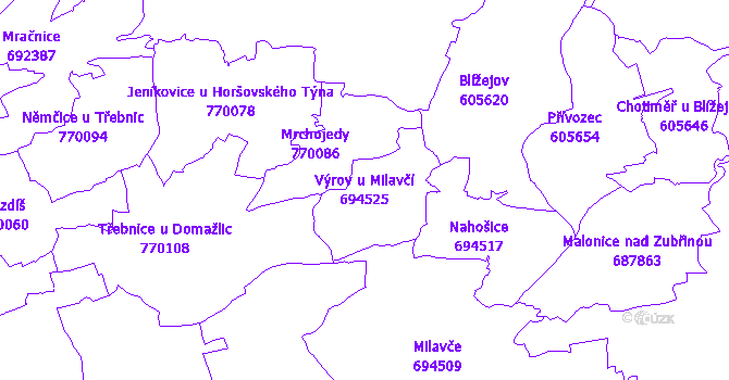 Katastrální mapa Výrov u Milavčí - přehledová mapa katastrálního území