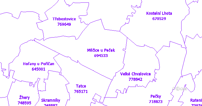 Katastrální mapa Milčice u Peček - přehledová mapa katastrálního území