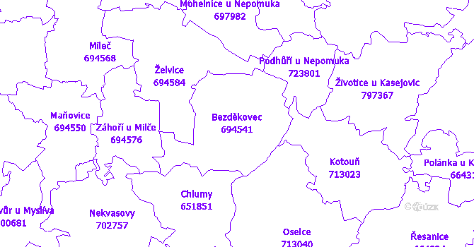 Katastrální mapa Bezděkovec - přehledová mapa katastrálního území