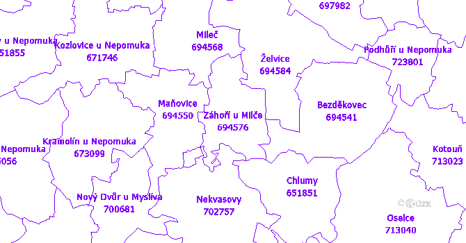 Katastrální mapa Záhoří u Milče - přehledová mapa katastrálního území