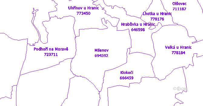 Katastrální mapa Milenov - přehledová mapa katastrálního území