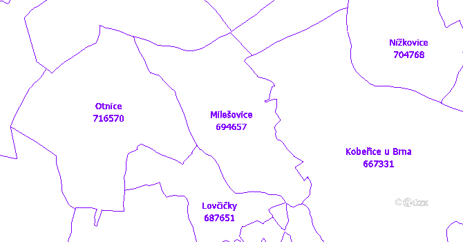 Katastrální mapa Milešovice - přehledová mapa katastrálního území