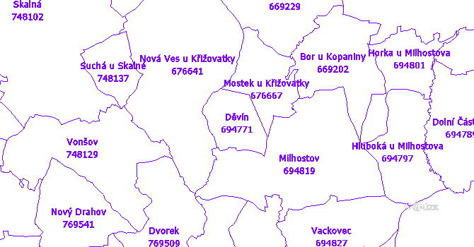 Katastrální mapa Děvín - přehledová mapa katastrálního území