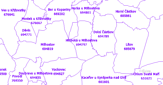 Katastrální mapa Hluboká u Milhostova - přehledová mapa katastrálního území