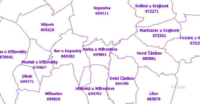 Katastrální mapa Horka u Milhostova - přehledová mapa katastrálního území