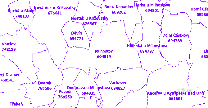 Katastrální mapa Milhostov - přehledová mapa katastrálního území