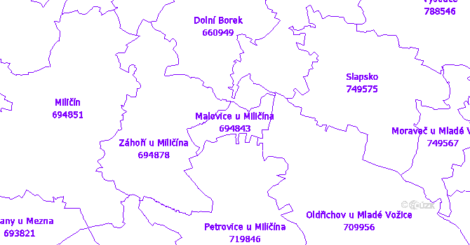 Katastrální mapa Malovice u Miličína - přehledová mapa katastrálního území