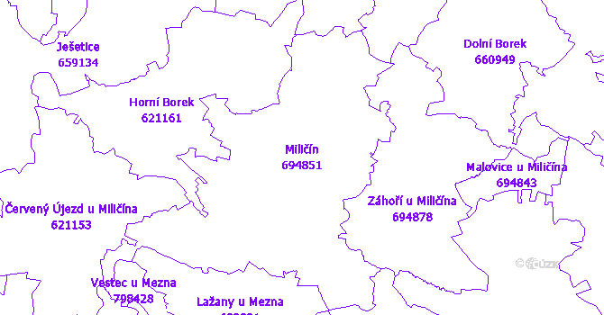 Katastrální mapa Miličín - přehledová mapa katastrálního území