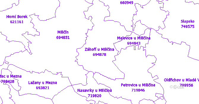 Katastrální mapa Záhoří u Miličína - přehledová mapa katastrálního území