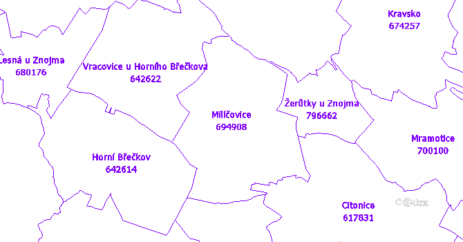 Katastrální mapa Milíčovice - přehledová mapa katastrálního území