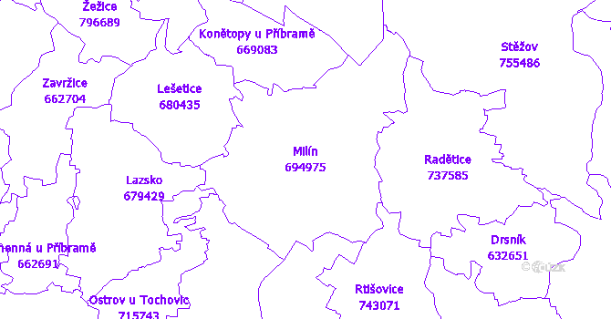 Katastrální mapa Milín - přehledová mapa katastrálního území