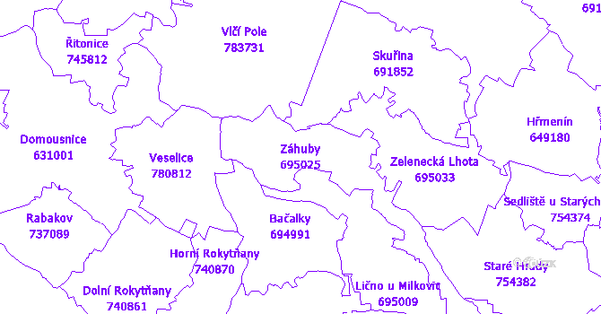 Katastrální mapa Záhuby - přehledová mapa katastrálního území