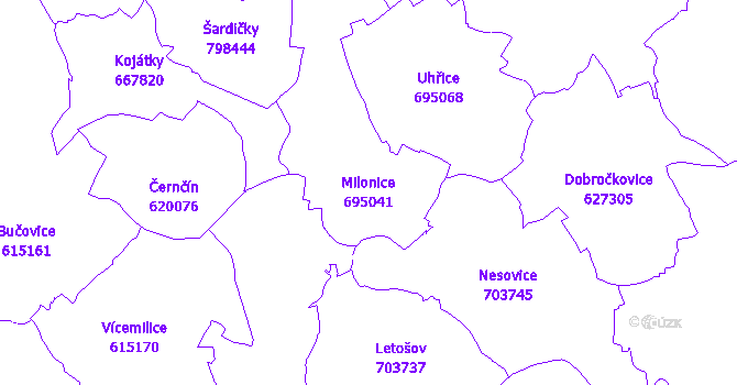 Katastrální mapa Milonice - přehledová mapa katastrálního území
