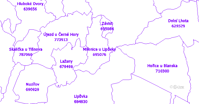 Katastrální mapa Milonice u Lipůvky - přehledová mapa katastrálního území