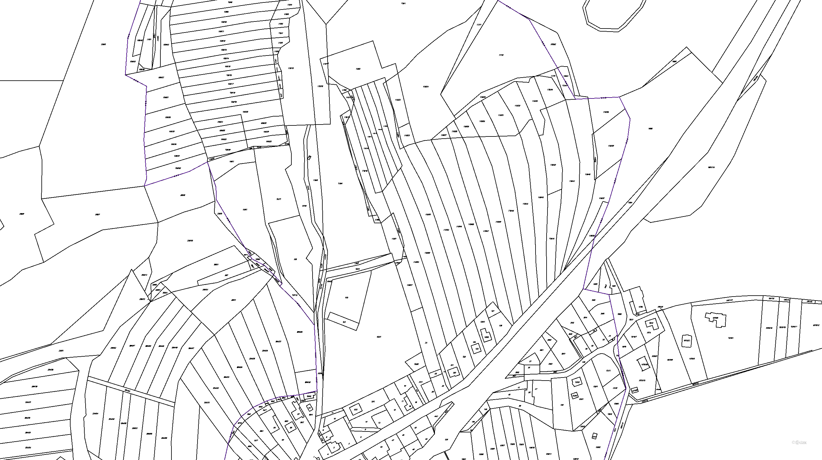 Katastrální mapa pozemků a čísla parcel Závist