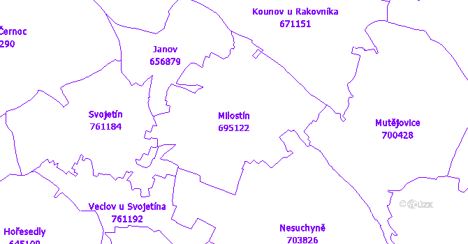 Katastrální mapa Milostín - přehledová mapa katastrálního území