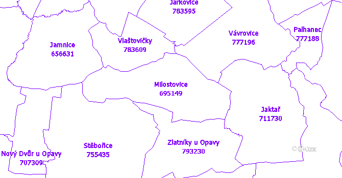 Katastrální mapa Milostovice - přehledová mapa katastrálního území