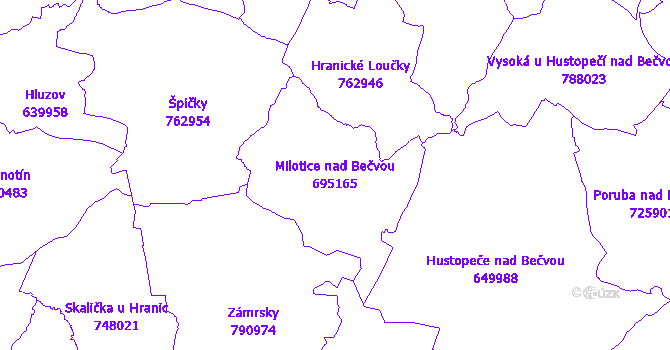 Katastrální mapa Milotice nad Bečvou - přehledová mapa katastrálního území