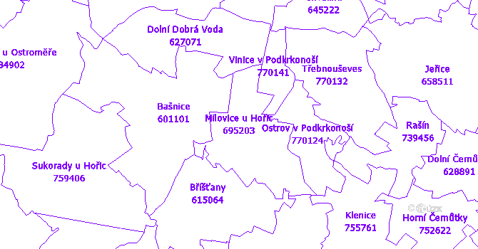 Katastrální mapa Milovice u Hořic - přehledová mapa katastrálního území