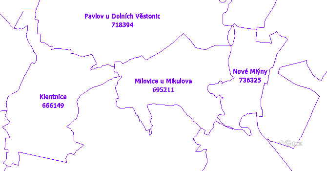 Katastrální mapa Milovice u Mikulova - přehledová mapa katastrálního území