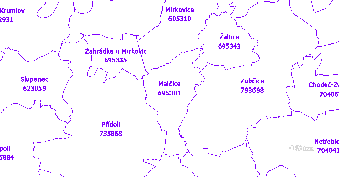 Katastrální mapa Malčice - přehledová mapa katastrálního území